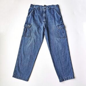 Vintage Junction West 90s Y2K Denim Cargo Pants Size 34 Blue Utility Workwear